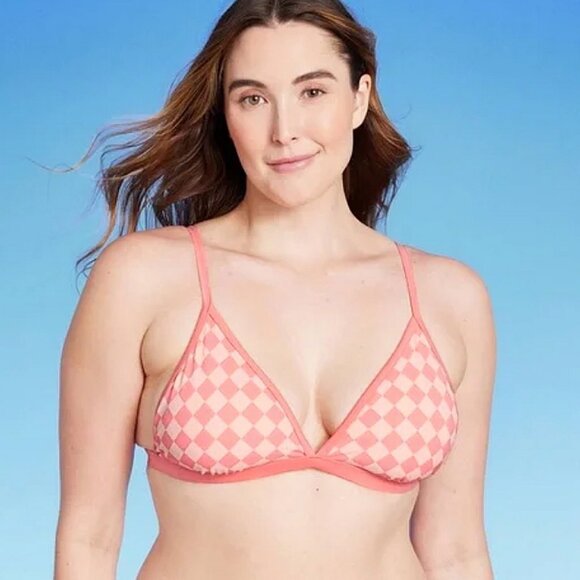 Kona Sol Triangle Pink Check Bikini Top Coral Strappy Stretch Beach Summer Pool - Picture 1 of 6
